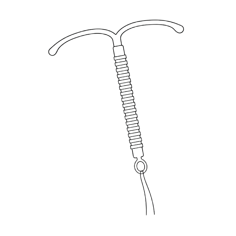 Schematische Illustration einer T-förmigen Kupferspirale mit gewickeltem Kupferdraht und Rückholfäden